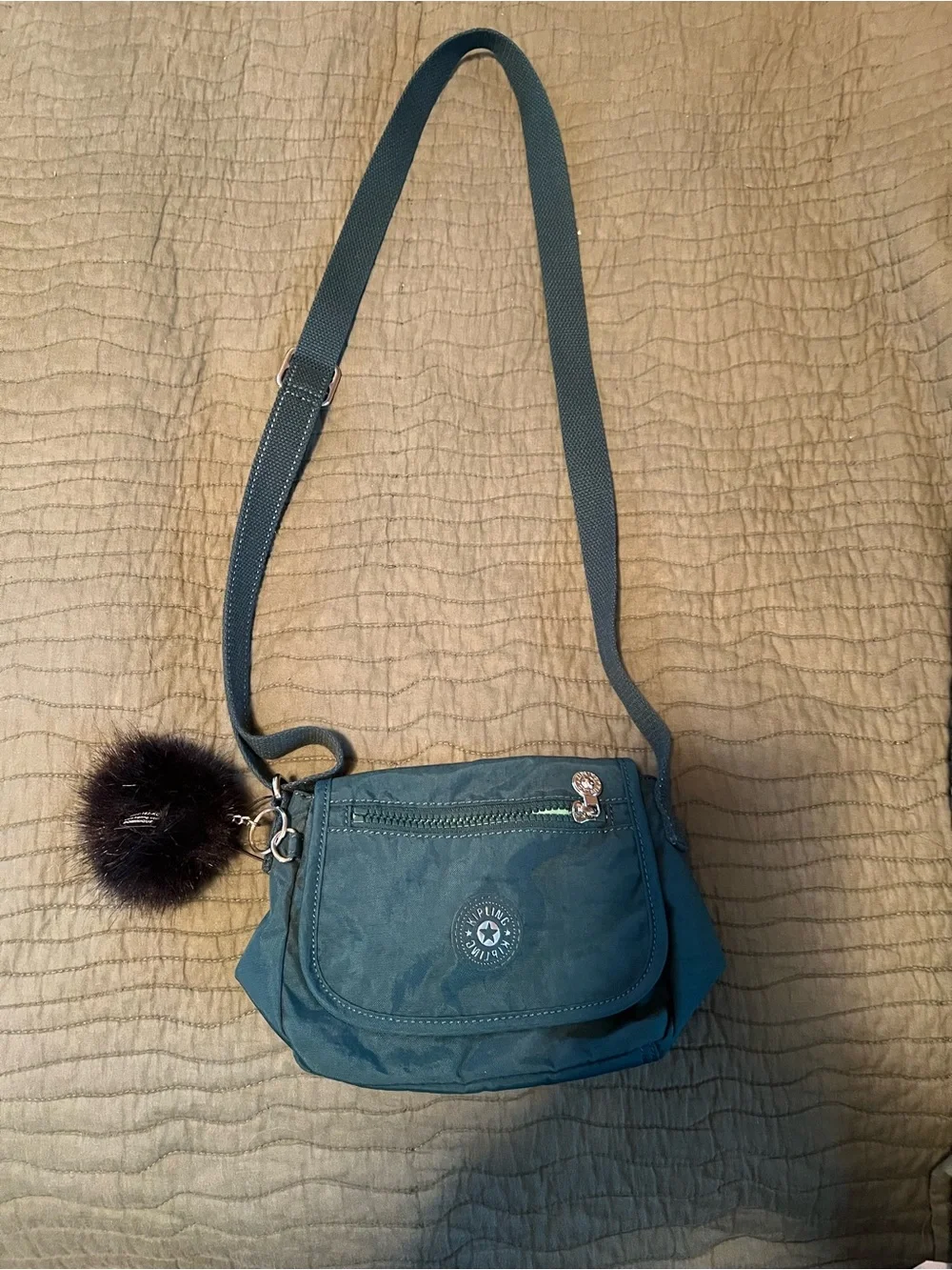 Kipling Teal Crossbody Bag with Pom Pom Charm